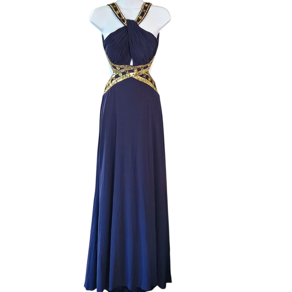Betsy & Adam Navy and Gold Evening Gown Formal Size 2 Backless Classy Prom - Picture 2 of 7